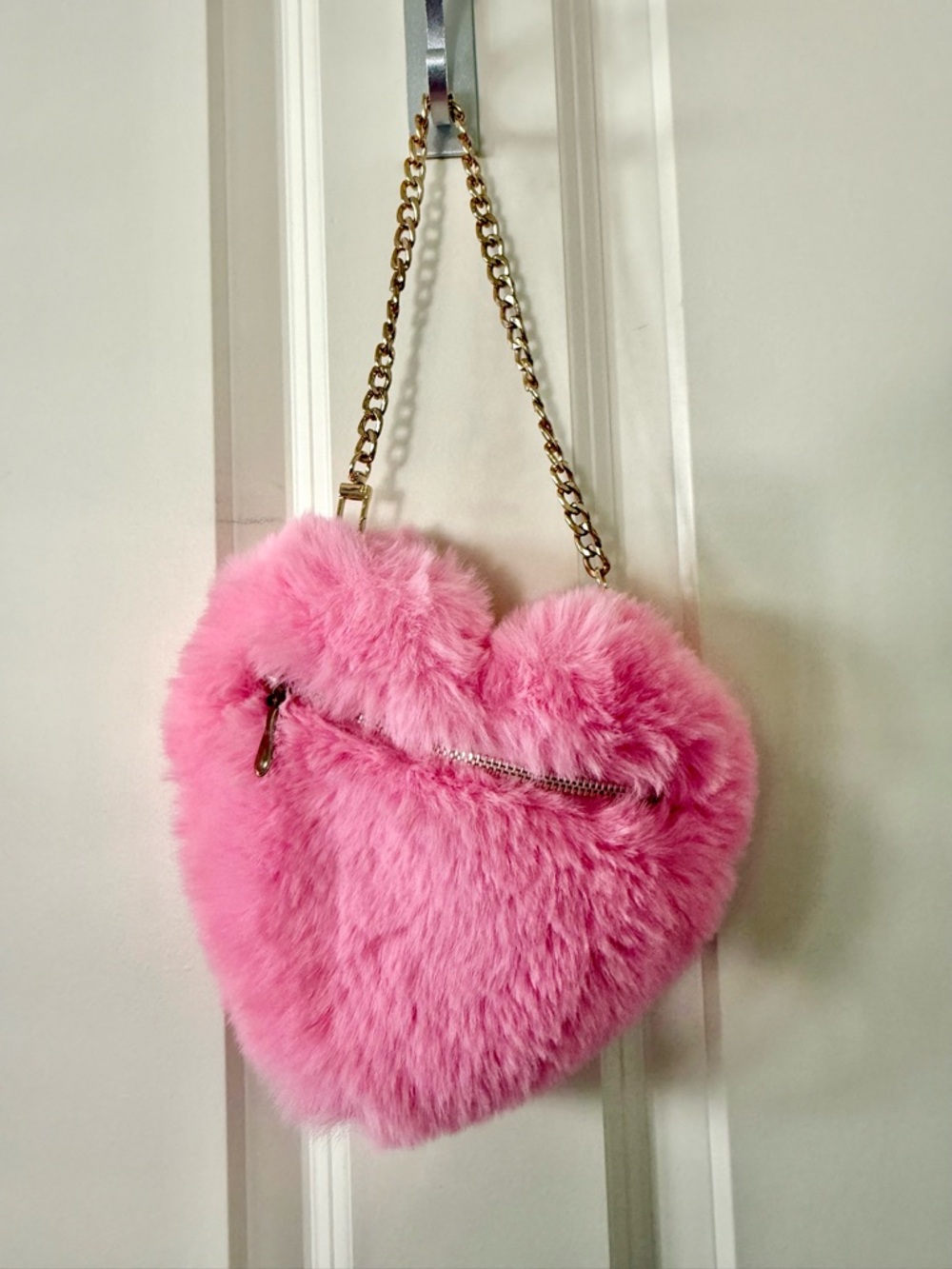 Pink Heart Faux-Fur Mini Bag with Gold Chain